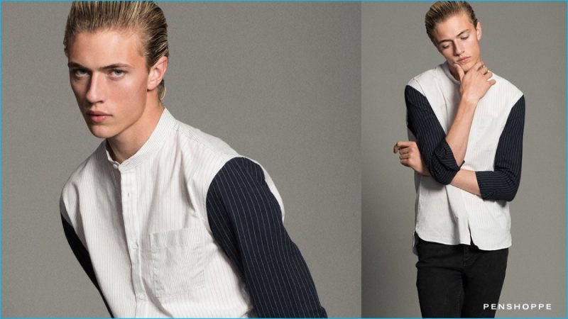 Lucky Blue Smith models a pinstripe band collar shirt for Penshoppe's 2016 Denimlab campaign.