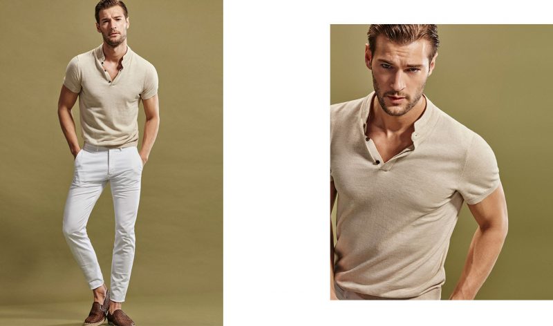 Dan Murphy wears Massimo Dutti's mandarin collar tricot polo shirt.