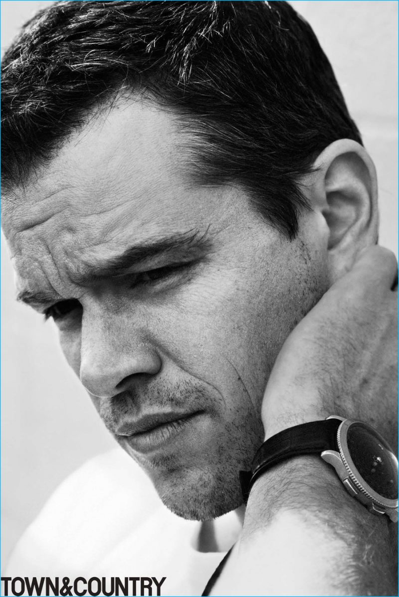 Matt Damon pictured in a Brooks Brothers t-shirt and Van Cleef & Arpels watch.