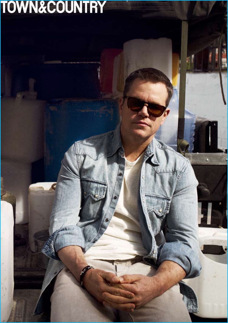 Matt Damon rocks a denim shirt from Levi's with a Mister Freedom t-shirt, Brunello Cucinelli jeans and Person sunglasses.