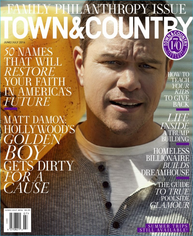 Matt Damon covers the June/July 2016 issue of Town & Country in a Michael Kors henley and Brunello Cucinelli t-shirt. » Matt Damon Covers Town & Country, Discusses Philanthropy Matt Damon covers the June/July 2016 issue of Town & Country in a Michael Kors henley and Brunello Cucinelli t-shirt.