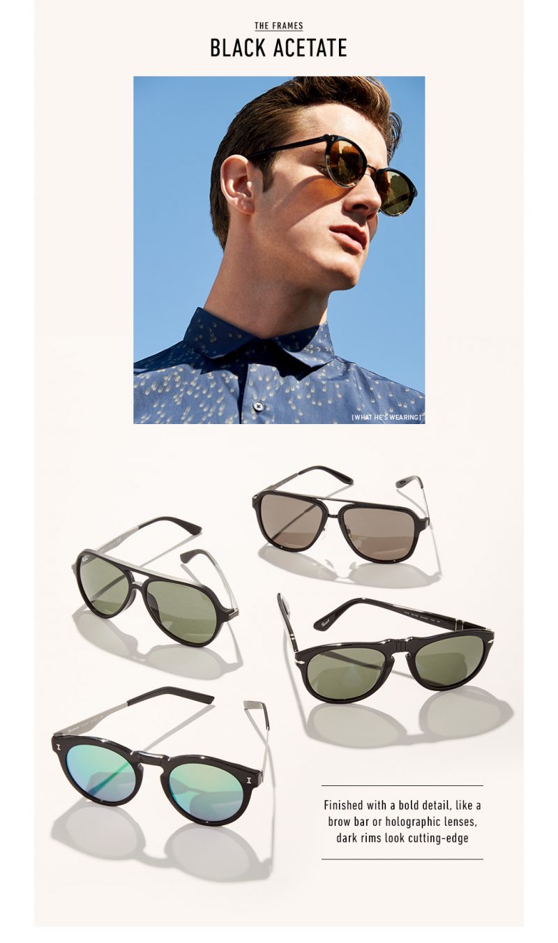 Black Acetate Sunglasses (pictured top to bottom): Oliver Peoples Spelman Sunglasses, Carrera Aviator Sunglasses, Ray-Ban Full Fit Aviator Sunglasses, Persol Classic Sunglasses, Illesteva Toohey Sunglasses.