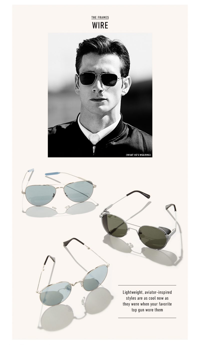 Wire Framed Sunglasses (pictured top to bottom): Ray-Ban Caravan Sunglasses, Paul Smith Davison Sunglasses, Han Kjobenhavn Green Outdoor Caged Sunglasses, Ray-Ban Foldable Round Sunglasses.