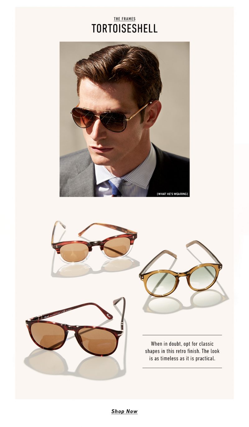 Tortoiseshell Framed Sunglasses (pictured top to bottom): Paul Smith Haden Polarized Sunglasses, Illesteva HR Sunglasses, Our Legacy Bold Sunglasses, Persol Polarized Classic Sunglasses.