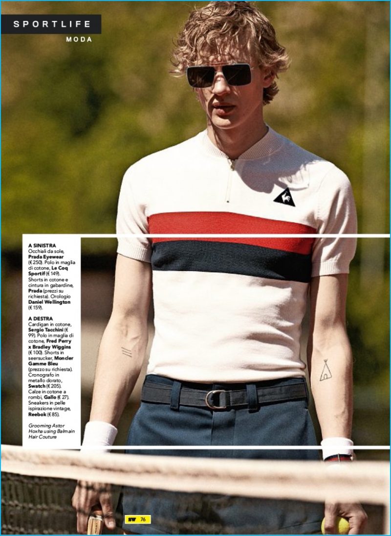 Snapped in Prada sunglasses, Paul Boche dons a Le Coq Sportif polo shirt with Prada shorts.