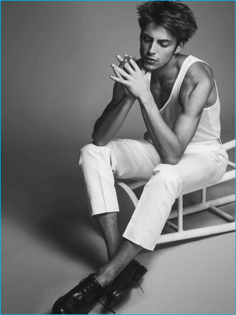 Timothée Bertoni steals a reflective moment in a Public School tank, paired with Todd Snyder trousers and Alden shoes. » The New Debonair: Da Man Champions White Summer Fashions Timothée Bertoni steals a reflective moment in a Public School tank, paired with Todd Snyder trousers and Alden shoes.