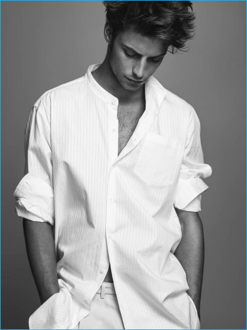 Timothée Bertoni rocks a 3.1 Phillip Lim band-collar shirt with Canali trousers. » The New Debonair: Da Man Champions White Summer Fashions Timothée Bertoni rocks a 3.1 Phillip Lim band-collar shirt with Canali trousers.
