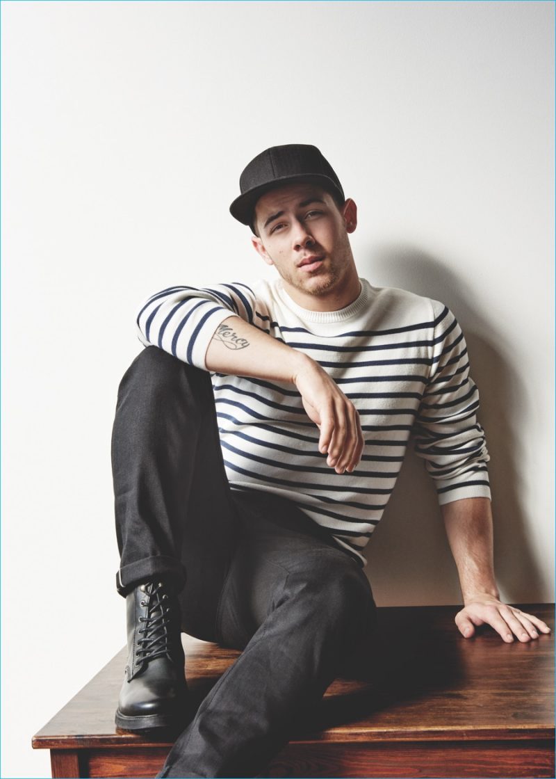 Nick Jonas goes casual in a striped pullover and black cap. » Nick Jonas Champions Slim Tailoring with Topman Nick Jonas goes casual in a striped pullover and black cap.