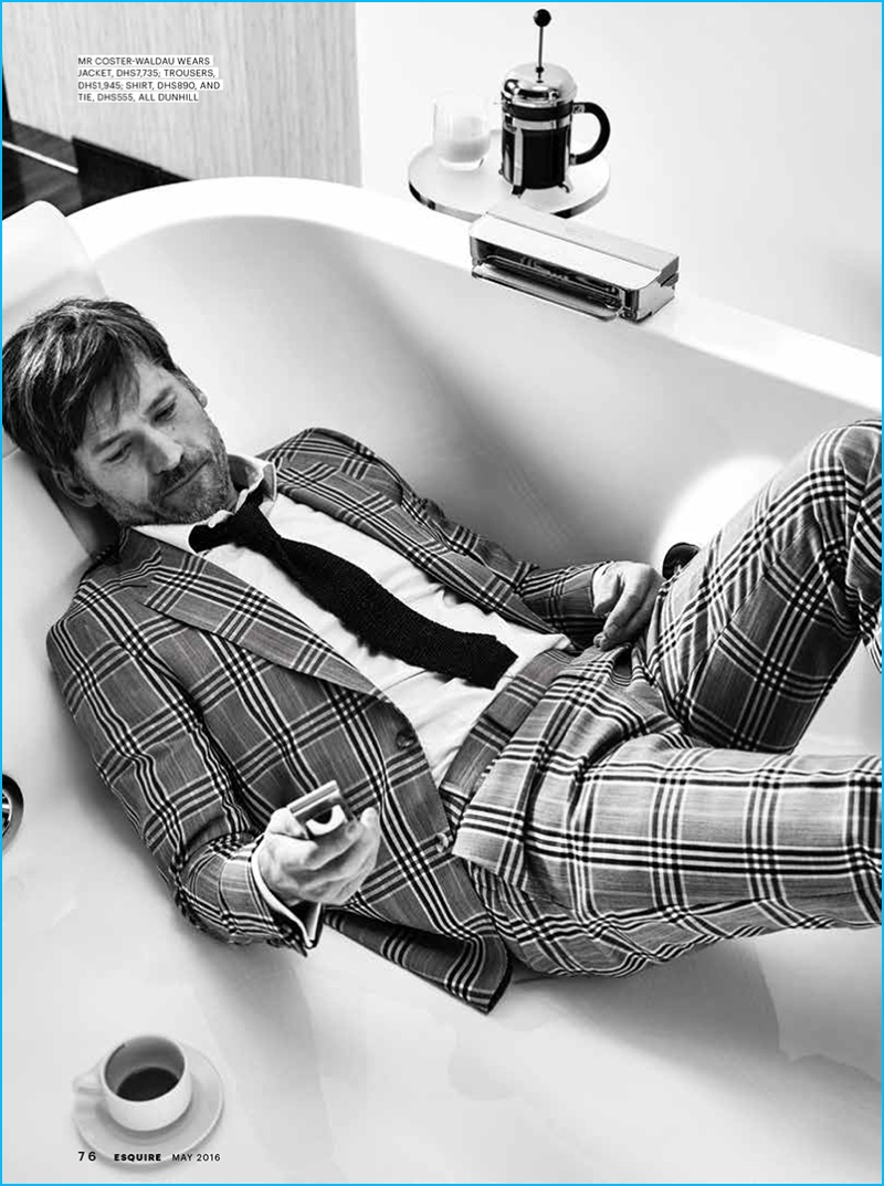Nikolaj Coster-Waldau dons a check suit from Dunhill.