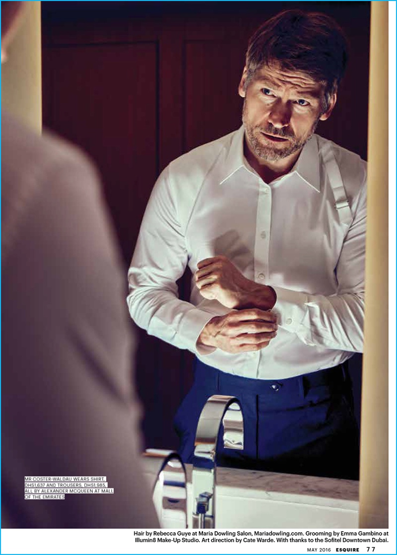 Nikolaj Coster-Waldau pictured in tailored fashions from Alexander McQueen. » Nikolaj Coster-Waldau Covers Esquire Middle East, Praises Younger GOT Co-Stars Nikolaj Coster-Waldau pictured in tailored fashions from Alexander McQueen.