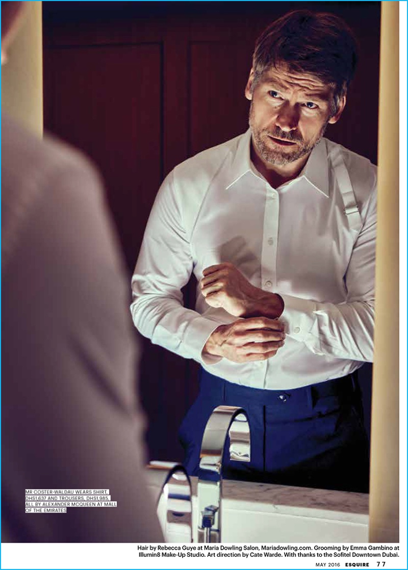 Nikolaj Coster-Waldau pictured in tailored fashions from Alexander McQueen.