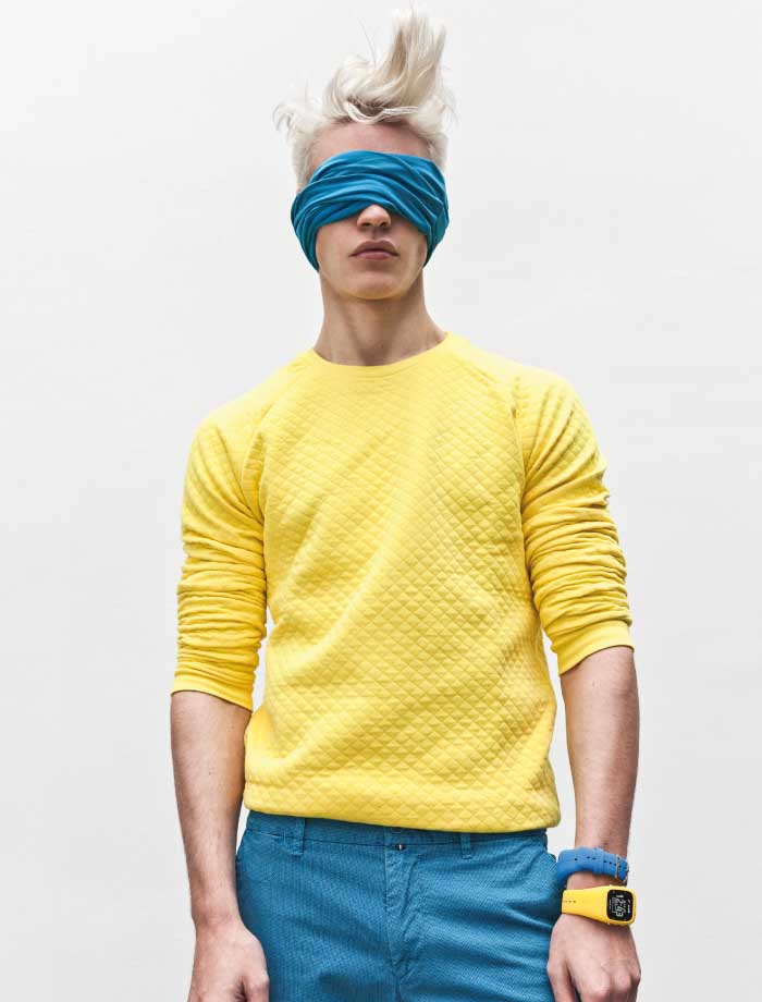 Photographed by Darius Lucaciu, Oliver Stummvoll embraces quite the wardrobe of colors.