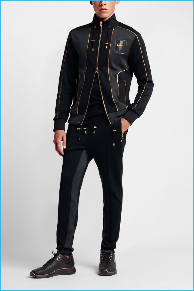 Olivier Rousteing x Nike look featuring a sporty jacket and slim-fit joggers.