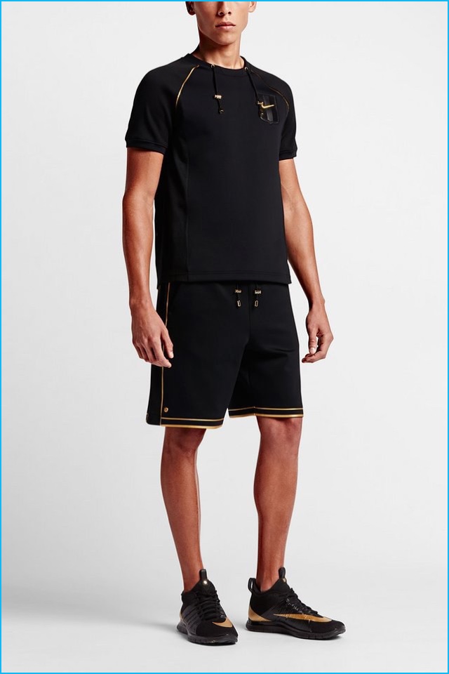 Olivier Rousteing x Nike look featuring a fitted top and shorts.