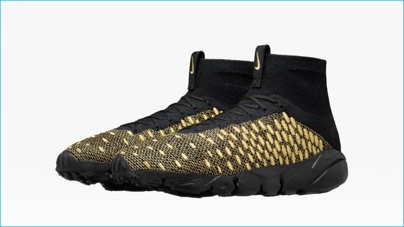 NIKELAB FOOTSCAPE MAGISTA X OR: "Designed for unstoppable playmaking, the Nike Magista football boot is reengineered for everyday wear with the Air Footscape Freemotion tooling. The Flyknit upper is embellished with metallic gold embroidery, while the heel features a metallic gold zipper. A leather pull-tab and metallic gold aglets add a luxurious touch."