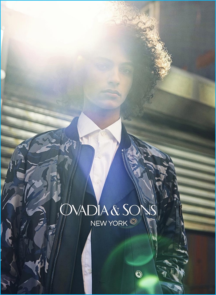 Model Tre Samuels sports a camouflage bomber jacket from Ovadia & Sons.