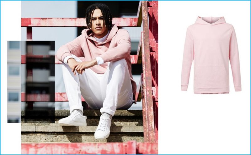 Topman pink hoodie and white denim jeans with Adidas sneakers.