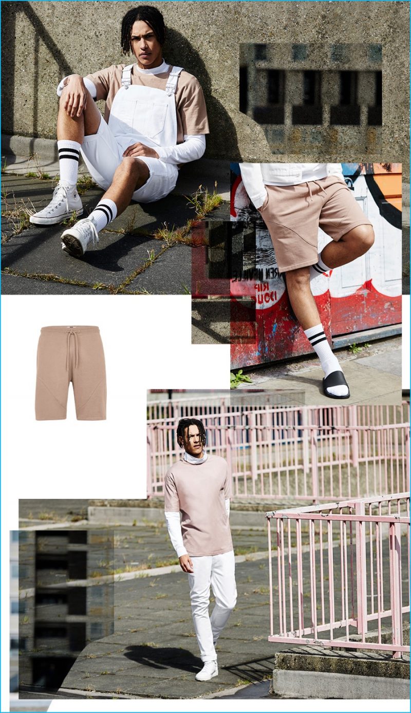 Top: Topman longline t-shirt, white shortalls, tube socks. Middle: Topman jersey shorts. Bottom: Topman t-shirt and white denim jeans.