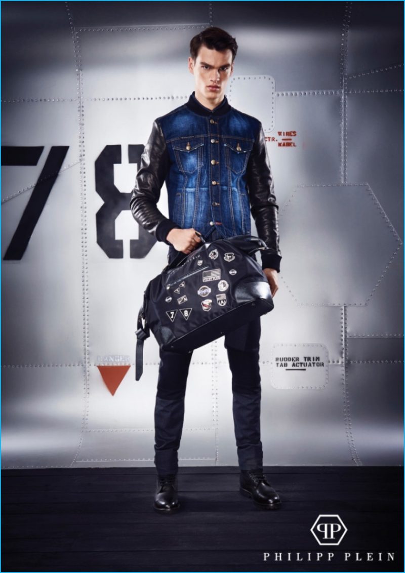Filip Hrivnak is front and center in a denim and leather jacket from Philipp Plein's pre-fall 2016 collection.