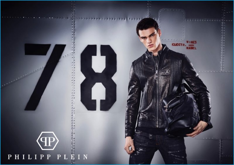 Philipp Plein wears a leather look from Philipp Plein's pre-fall 2016 collection.