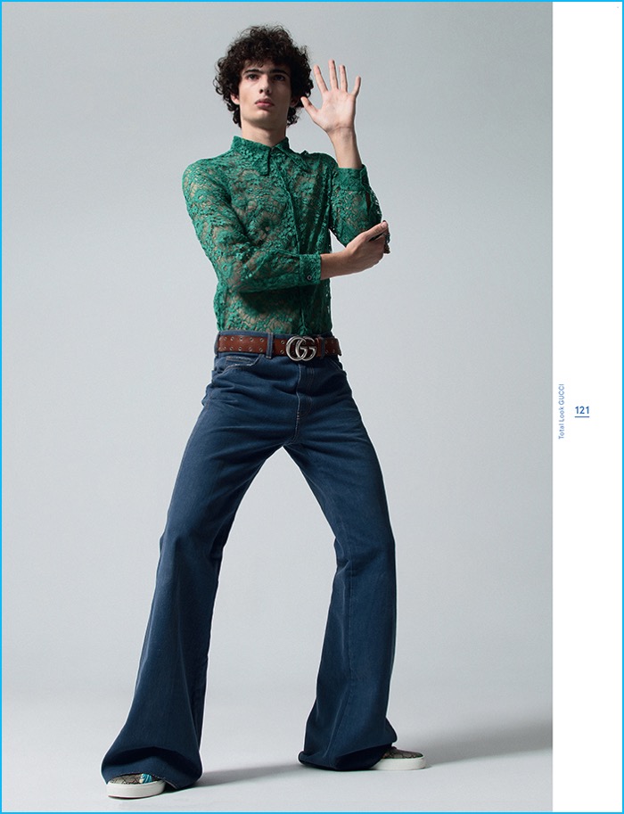Piero Mendez models a seventies inspired look from Gucci.