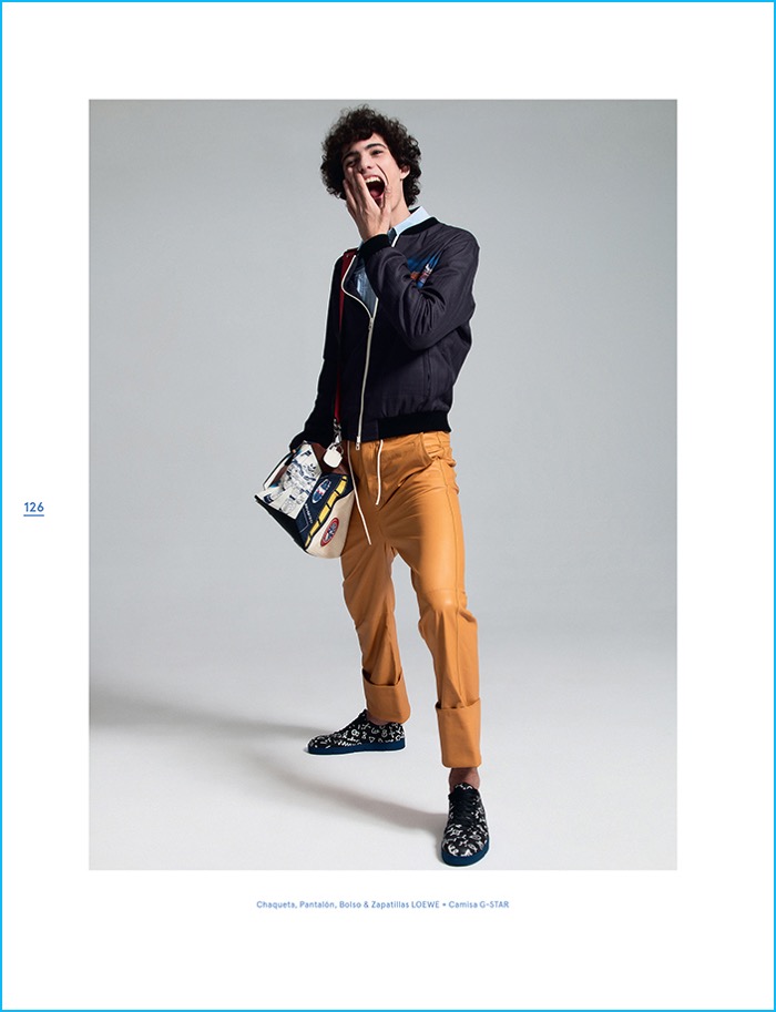 Piero Mendez is all smiles in a look from Spanish brand Loewe.