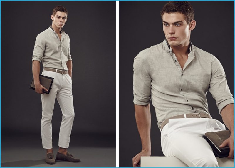 Lose the Collar: Jacob Hankin remains cool in a chic summer option–Reiss' Indiana granddad collar shirt.
