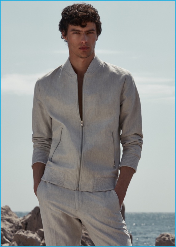 Reiss High Summer 2016: Hannes Gobeyn warms up to monochromatic dressing in a bomber jacket and trousers from Reiss.