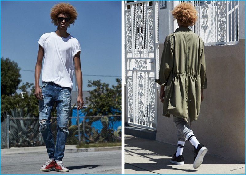 Left to Right: Michael Lockley wears Cross tee Maharishi, Emirates denim jeans Mr. Completely and Superstar sneakers Golden Goose. Michael wears military parka Stampd, joggers HUF, socks Stance and sneakers Filling Pieces.