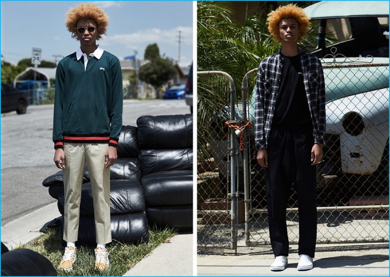 Left to Right: Michael Lockley wears Pietro trousers Harmony, pocket rugby tee Stussy and Sk8-Hi Reissue Checkerboard sneakers Vans. Michael wears Rhider button-down shirt Rhude, Guines pants Marcelo Burlon, OE West Coast tee Stampd and Old Skool sneakers Vans.