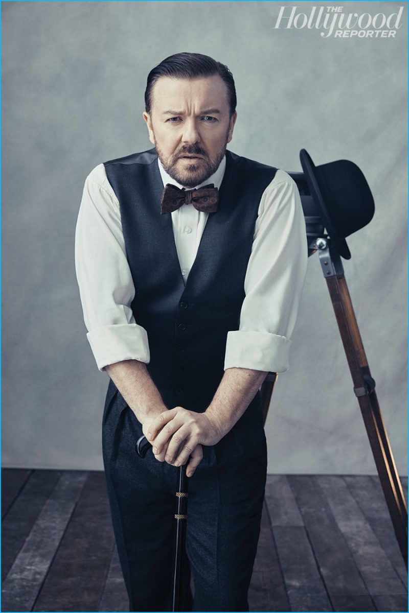 Clad in Gieves & Hawkes, Ricky Gervais is photographed in London for The Hollywood Reporter.