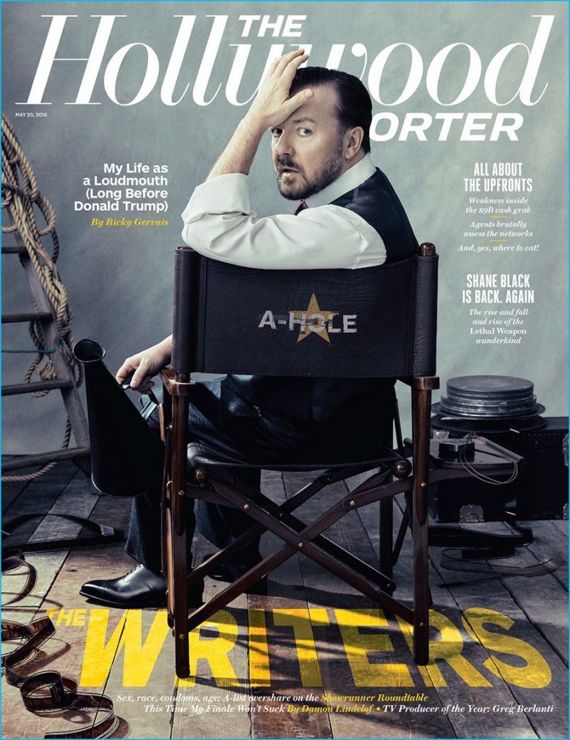 Ricky Gervais covers the most recent issue of The Hollywood Reporter.