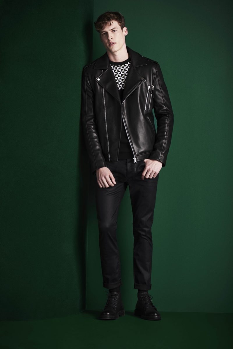 The leather biker jacket is front and center for a slim black look from River Island's fall-winter 2016 collection.