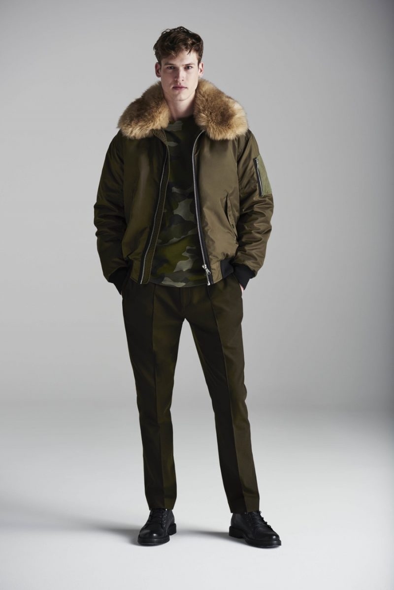 River Island has a military moment with a bomber jacket, camouflage pullover and pleated trousers in army green.