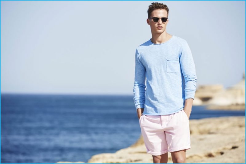 Embracing pastel fashions, model Nathaniel Visser goes casual for River Island's high summer 2016 campaign.