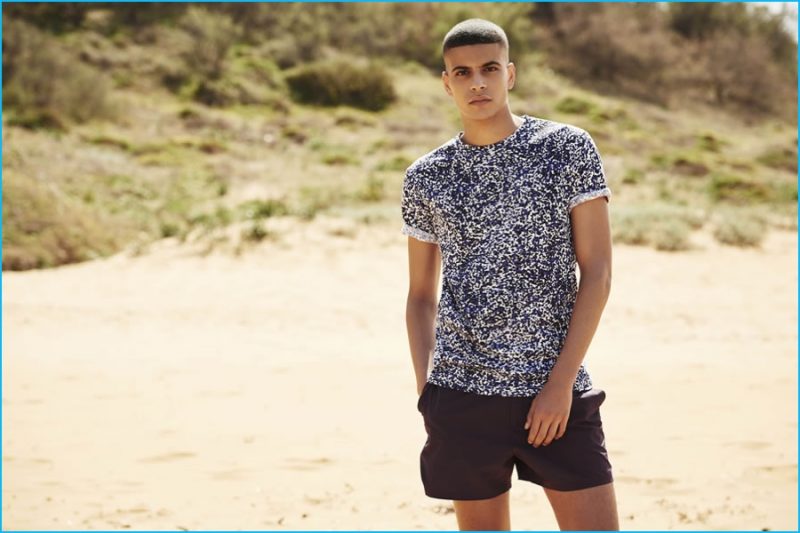 Zakaria Khiare pictured in a patterned t-shirt for River Island's high summer 2016 campaign.