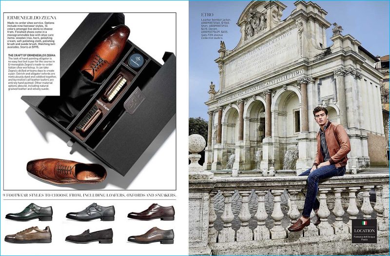 Dress shoes from Ermenegildo Zegna are featured alongside an essential ensemble from Etro.