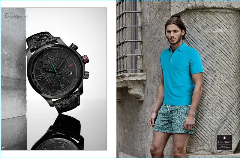 Gucci's modern timepiece is contrasted against a summer leisure look from ISAIA.