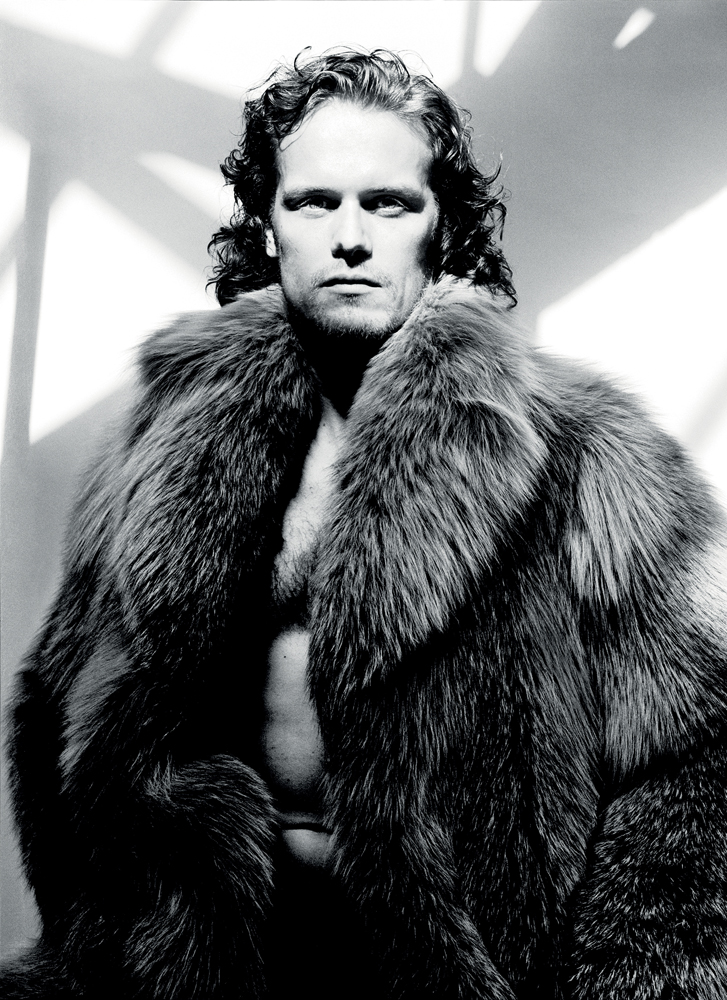 Sam Heughan rocks a fur coat from Baartsmans and Siegel for his Interview photo shoot.