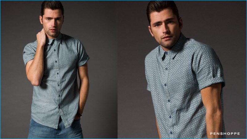 Sean O'Pry dons a patterned short-sleeve shirt for Penshoppe's 2016 Denimlab campaign.