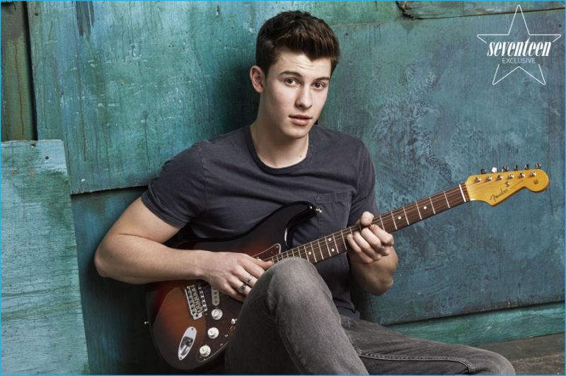 Shawn Mendes goes casual in a pocket tee and skinny jeans for Seventeen magazine.