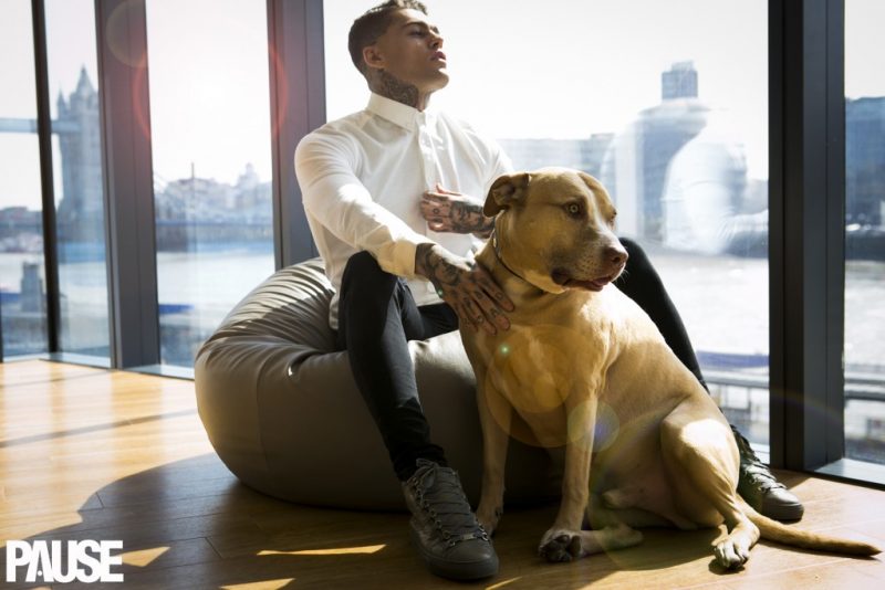 Stephen James retreats indoors, sporting a Tiger of Sweden shirt with his own skinny jeans.