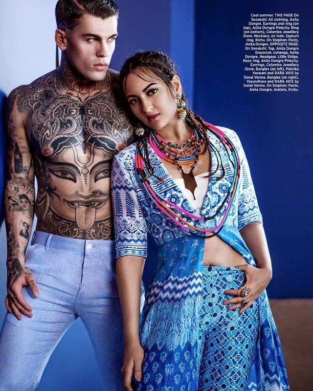 Stephen James and Sonakshi Sinha photographed for the May 2016 issue of Harper's Bazaar India.