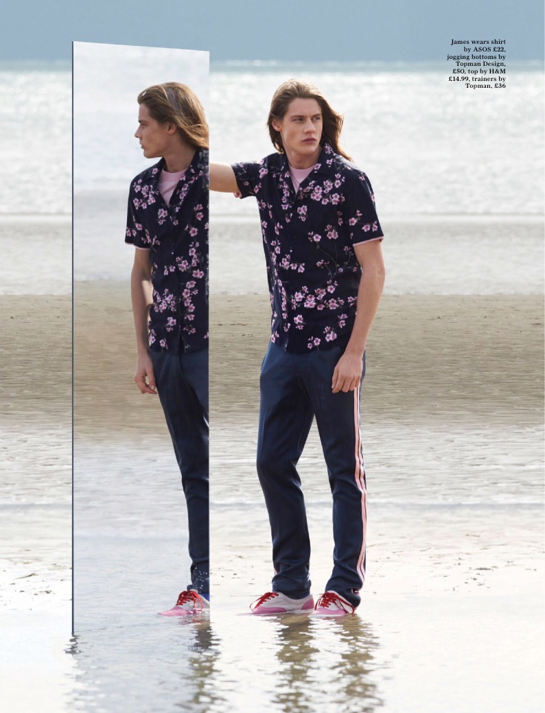 James Phillips goes casual in a floral print shirt from ASOS, paired with Topman Design joggers, a H&M tee and Topman sneakers.