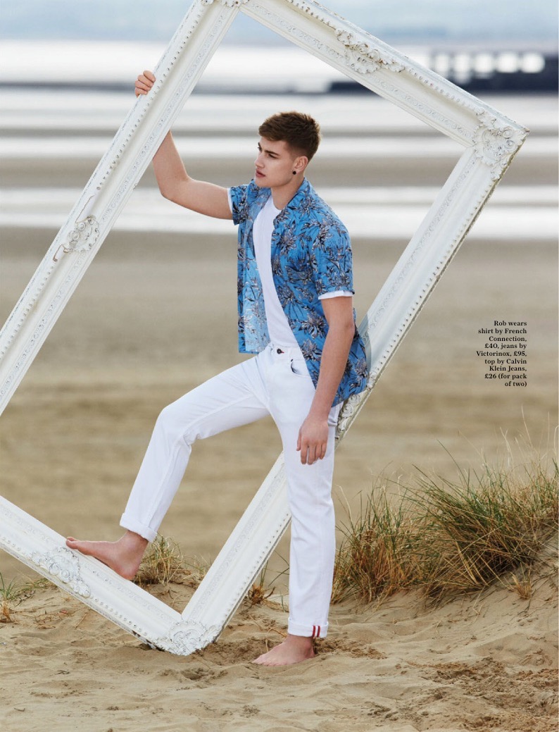 Rob Knighton embraces summer whites in Victorinox, French Connection and Calvin Klein Jeans.