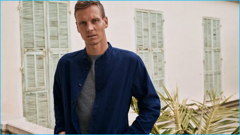 Tomas Berdych wears band collar chambray overshirt Folk and sweater Wooyoungmi.