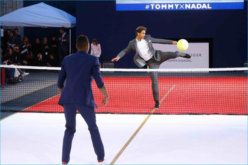 Gregory van der Wiel and Rafael Nadal participate in Tommy Hilfiger's pop-up tennis tournament.