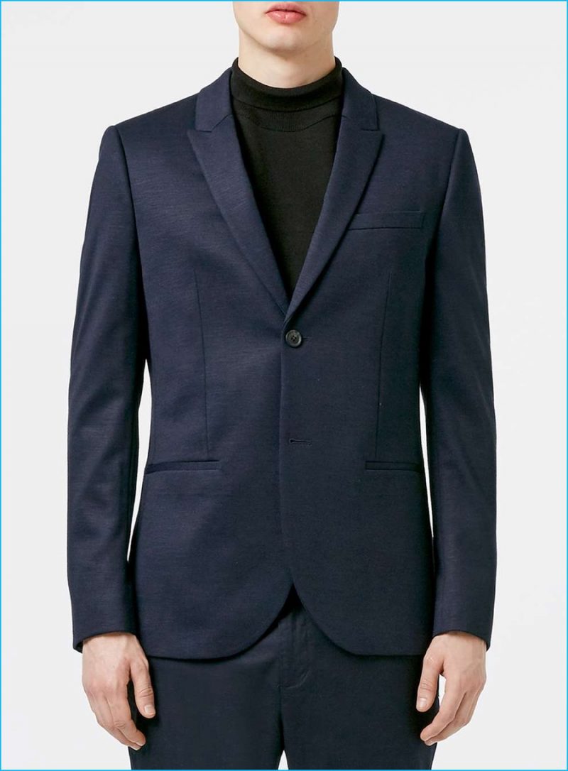 Topman Navy Slub Skinny Fit Blazer