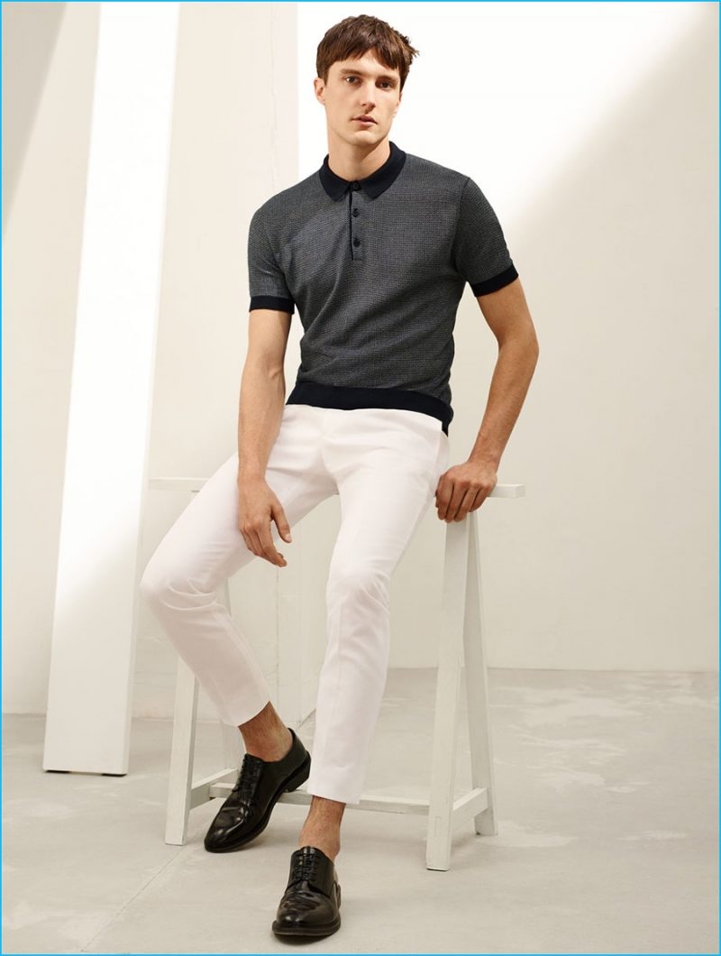 Zara Summer 2016: Charlie Timms is front and center in a polo shirt, white trousers and antik leather bluchers from Zara Man.