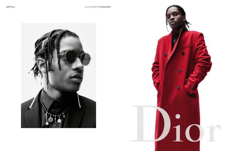 A$AP Rocky dons sunglasses and a striking red double-breasted coat for Dior Homme's fall-winter 2016 campaign.